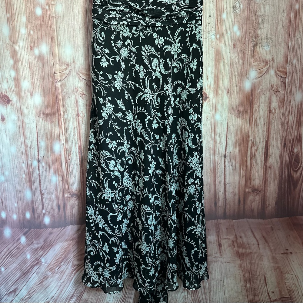 Studio 1940 Black Ruched Tie Waist White Floral Print Maxi Dress Size 14 - Picture 5 of 10